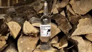 Bottle of White Whiskey on a Wood Pile